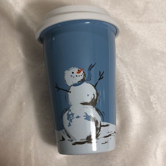 SNOWMEN CERAMIC cup with lid. 3 Snowmen. Never used. NWOT - Picture 2 of 7